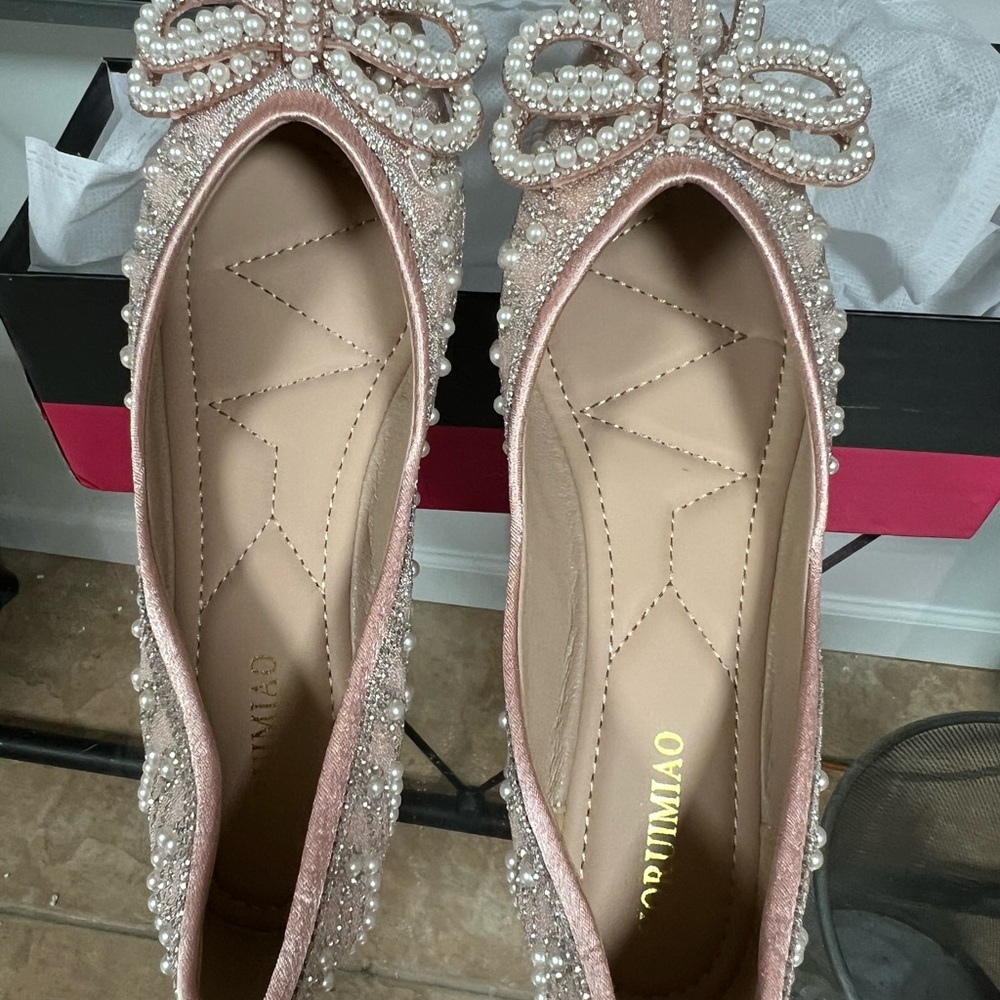 Pink Crystal Embellished Flats with Shimmery Finish
